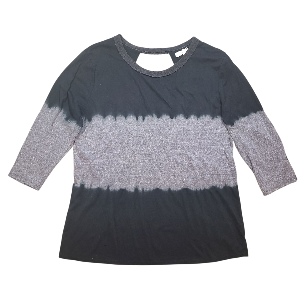 Gilded Intent Tie Dye Top XL Black Gray 3/4 Sleeve Keyhole Back Boho